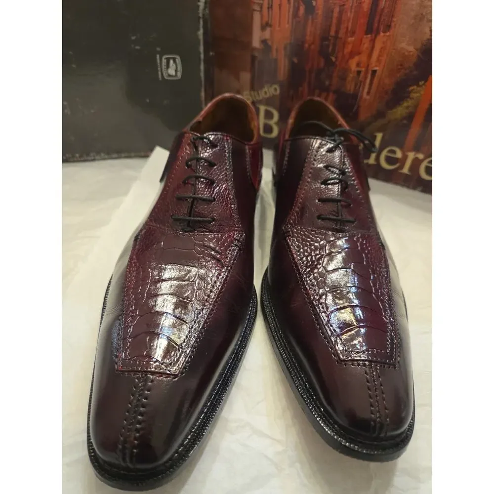 Belvedere Genuine Men Ostrich Leg DINO Burgundy Dress Shoes Size US9.5